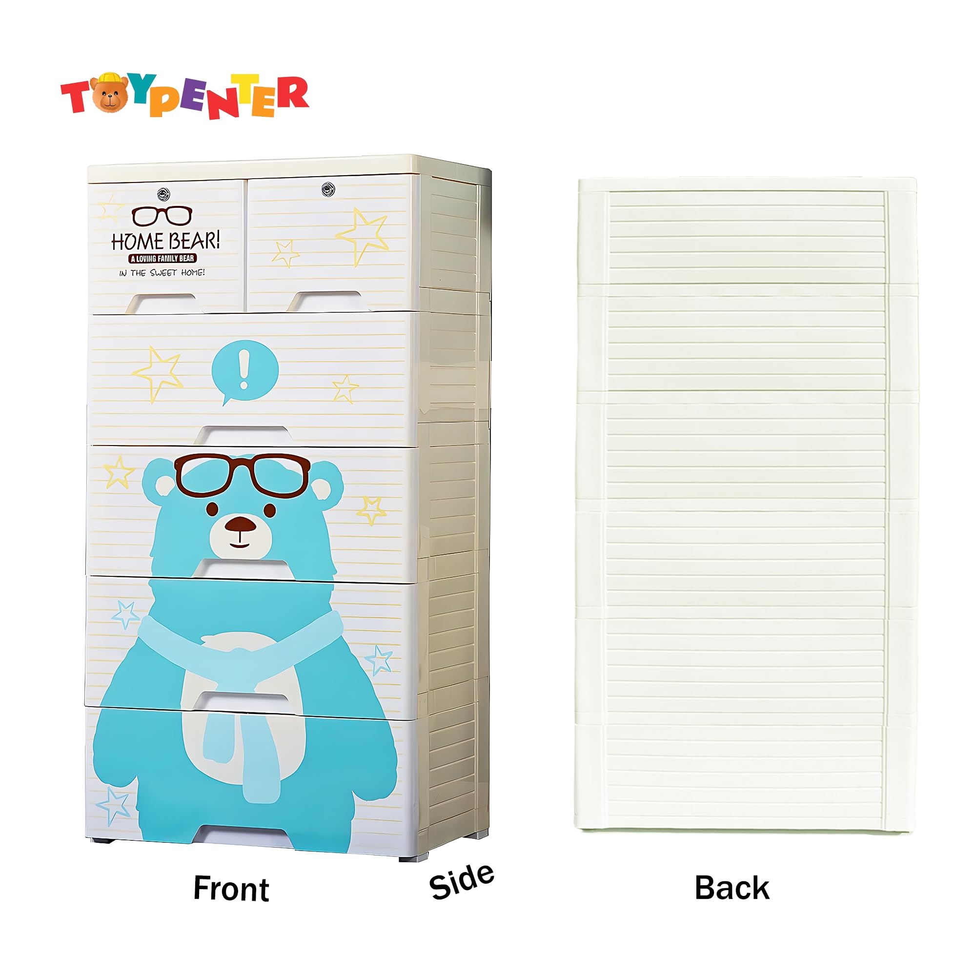 TOYPENTER 5 Layers High Density Plastic Storage Cabinate With Wheels I Collapsible Kids Clothing Wardrobe | Portable Waterproof Multipurpose Storage/Adjustable 6 Drawers Almirah for Babies (Home Bear) 2