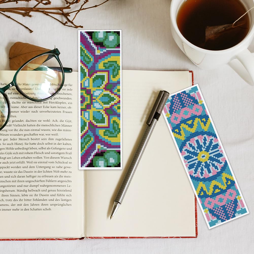 INFUNLY Kit di 6 segnalibri a punto croce con mandala, 20,3 x 6,1 cm, in tessuto floreale, kit fai da te per principianti, con istruzioni per amanti dei libri, lettori e scrittori
