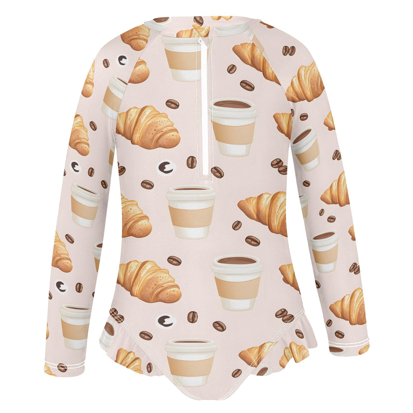 ALAZA Swimsuit for Girls Long Sleeve Rashguard Bathing Suit Pink Croissants Coffee Beans Quick Dry 4T