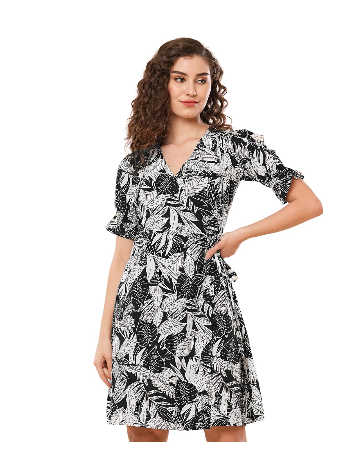 Selvia Women's Western Dress | Printed Half Sleeve Crepe Western Dress For Women | V-Neck A-Line Dress For Women | One Piece Dress For Women (665Dtk683N-L_Off White & Black)