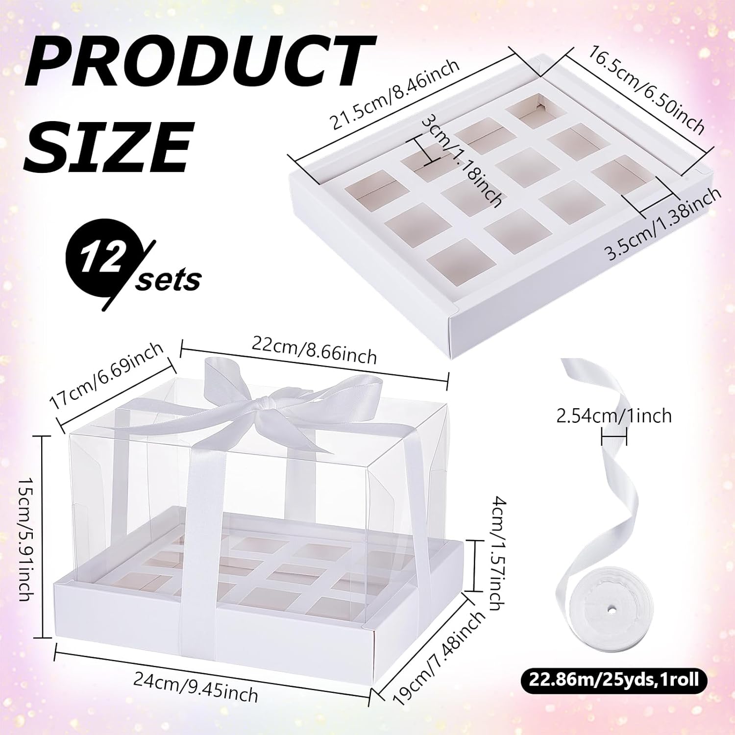 12 Sets Clear Plastic Cupcakes Box, 3 oz Square Cupcake Containers for 12 Counts 5.9 Inch Height Cup Transport Boxes with Detachable Lid for Birthday Holiday Party Valentine's Day