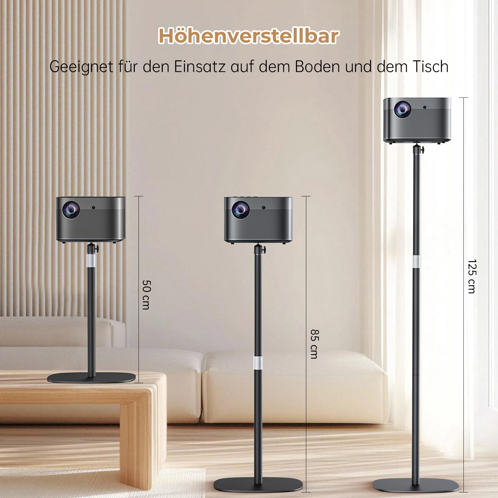 Metallischer Beamer ständer, höhenverstellbar 50–125 cm mit 360°Drehwinkel, Platzsparend, Hält bis zu 5 kg, kompatibel mit Projektoren, Kameras, Camcorder und mehr