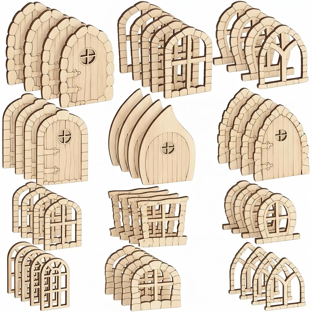 48 Pcs Fairy Doors for Garden, Unfinished Natural Wood Miniature Elf Doors