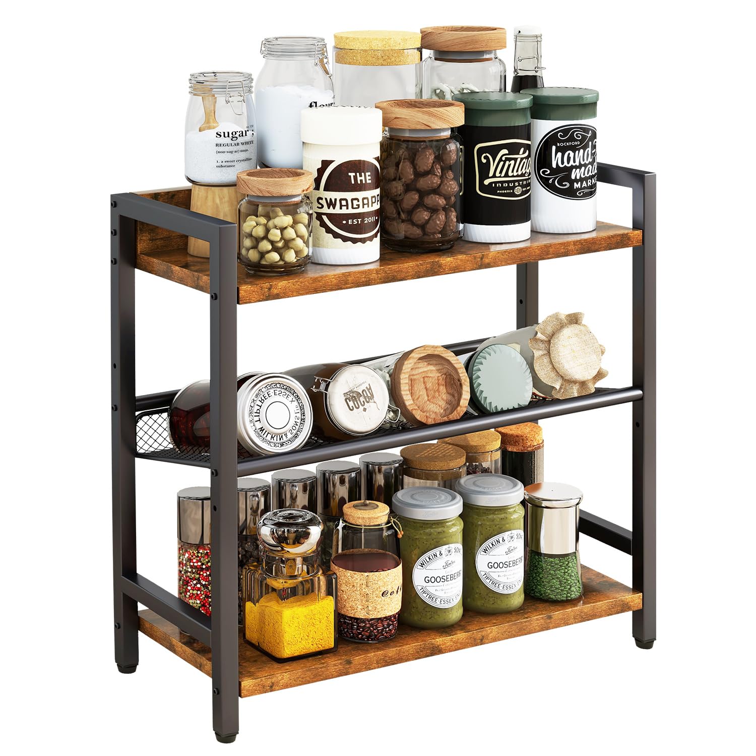 3-Tier Spice Rack - Industrial Counter Shelf,Desktop Storage Organizer,Standing Seasoning Rack for Countertop Kitchen,Office,Living Room,Rustic Brown TLJ021H
