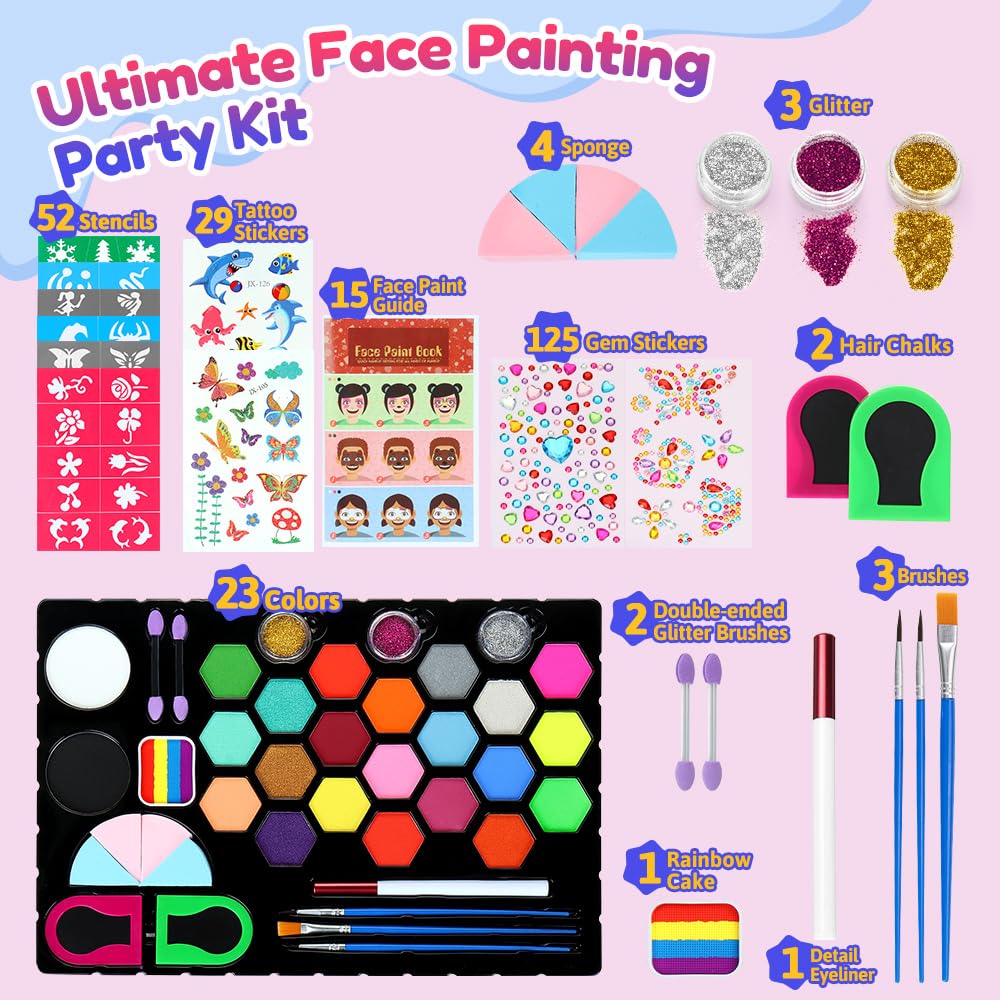 Kinwer Kit Truccabimbi 15 Colori Anallergico - Set Professionale Con Stampini E Pennelli Per Halloween E Feste