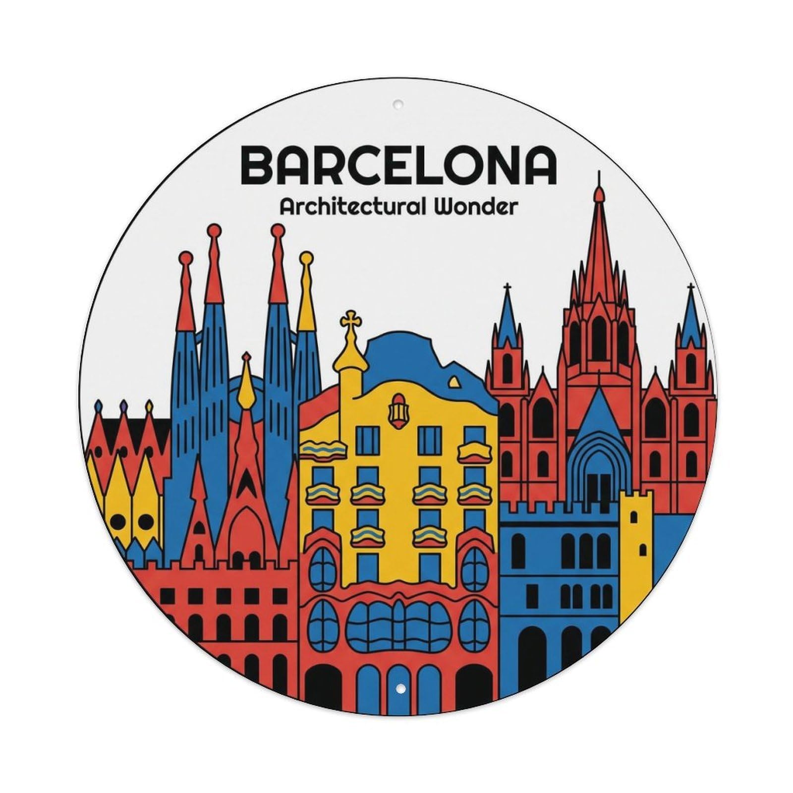 Vintage Travel Barcelona Geometric Architecture Modern Metal Tin Sign Plaque Wall Decor for Cafe, Club, Garden Round Metal Poster 8x8Inch