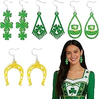 Aushamtai St. Patrick's Day Clover Dangle Earrings for Women - 4PCS Acrylic Shamrock, Irish Hat, Tassel Triangle Green Festive Accessories