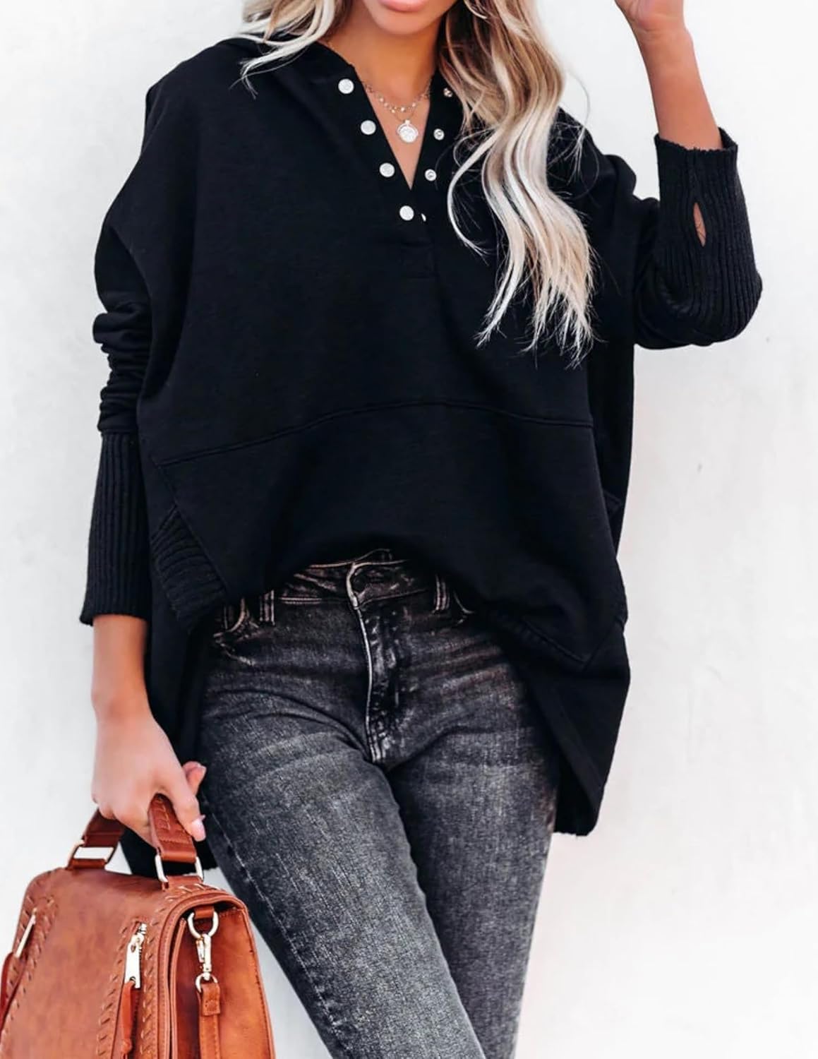 LIZALIG Women's 3/4 Button Henley Sweatshirt - Stand Collar Long Sleeve Fall Fashion Loose Casual Pullover Top - Image 4