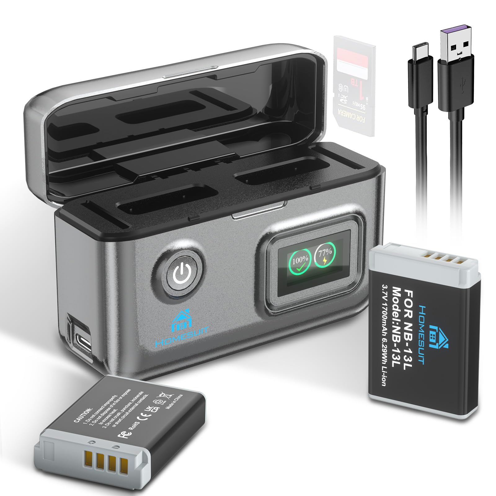 Homesuit NB-13L Akku 1700mAh & Dual Ladegerät für Canon PowerShot G5X, G5X Mark II, G7X, G7X Mark II, G7 X Mark III, SX720 HS, SX730 HS, SX740 HS, SX620 HS, G1X Mark III, G9X, G9X Mark II (2er-Pack)