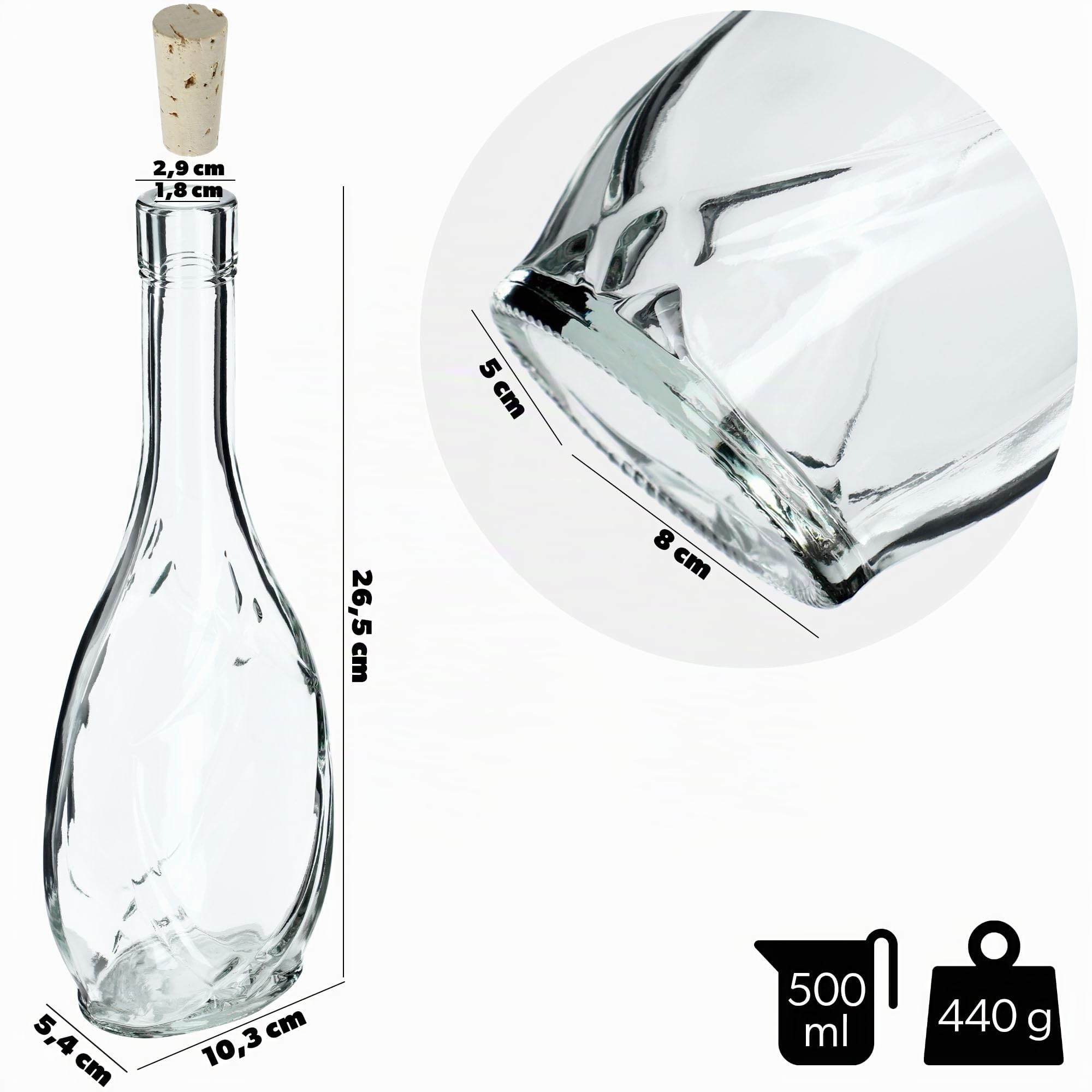 KADAX Lot de 9 Bouteilles en Verre 500ml avec Bouchon en liège – Bouteilles vides à remplir pour Liqueur, schnaps, Huile et vinaigre, idéales pour Cadeaux et Faire Maison