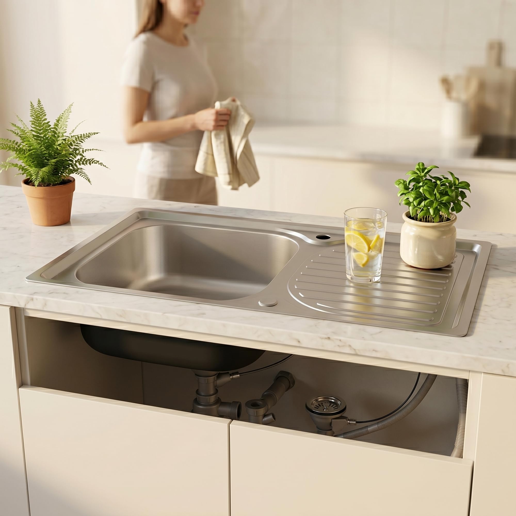 Mucola Einbauspüle Küchenspüle Edelstahl mit Abtropffläche 76x42 cm Silber | Becken links 36,5x33,5 cm, Excenter-Drehknopf für den Wasserablauf, satinierte Leinenstruktur, kratzunempfindlich