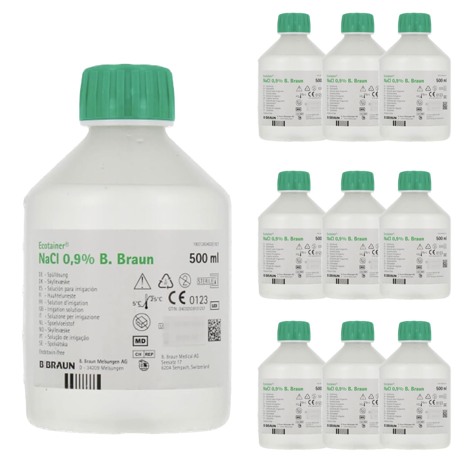 B.Braun 10 x 500 ml NaCl 0,9% Solución fisiológica isotónica 0,9 solución salina para limpieza de heridas para bebés, solución salina para lavado nasal
