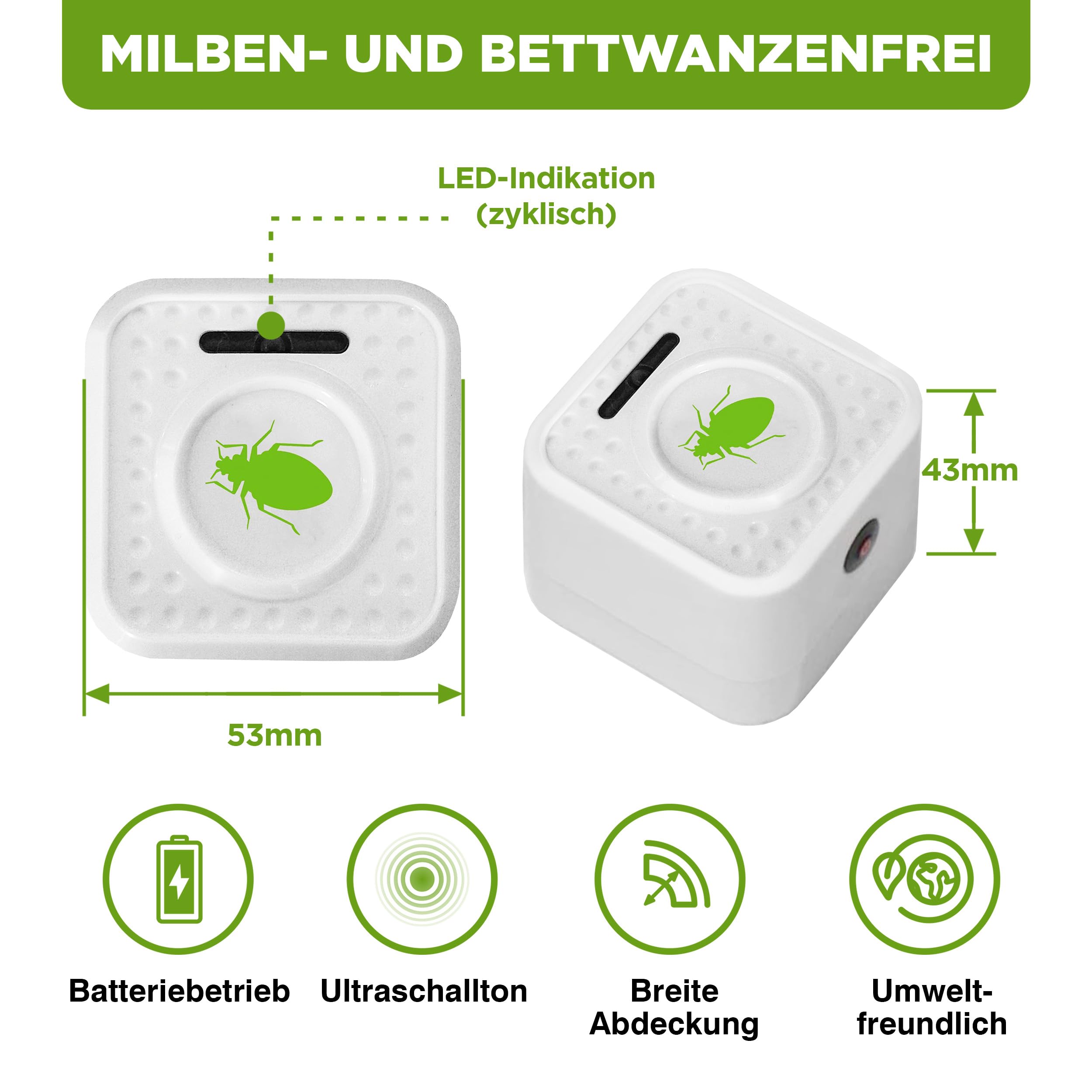 ISOTRONIC Ultraschall Milbenabwehr zum Milben & Bettwanzen bekämpfen – batteriebetriebener Milbenschutz mit 30m² Wirkungsbereich – Milbenstopp ohne Chemie (2 Stück)