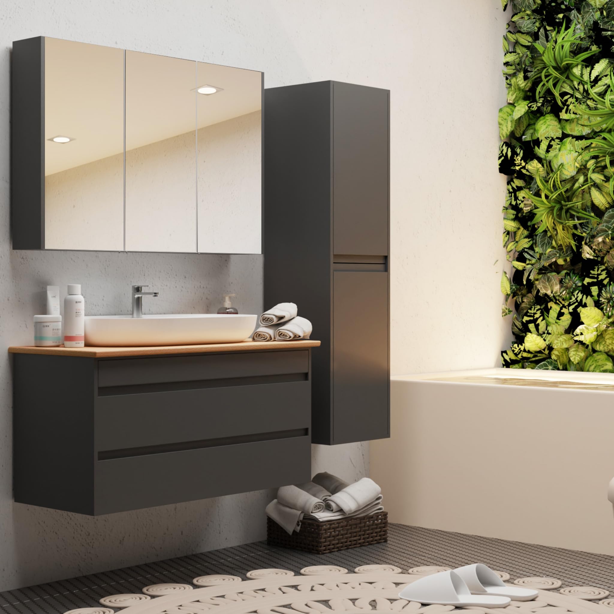 Badezimmermöbel Set Lara Konsole 100 Anthrazit | Keramikwaschbecken | Unterschrank | Spiegelschrank | Softclose-Schubladen & -Türen & unsichtbare Griffe | Moderner Stil | Badmöbel Waschtisch