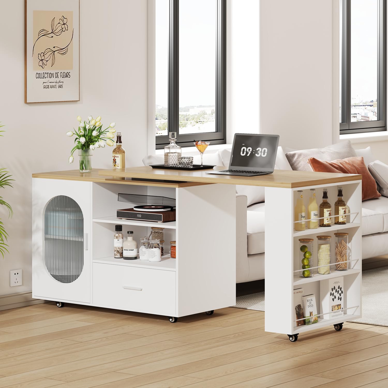 IBF Isola Cucina Indipendente Con Piano Di Lavoro Su 7 Ruote Armadio Cucina Carrello Cucina Isola Cucina Moderna Mobile Con Piano In Legno Girevole 360 Gradi E Cassetto Bianco 184 cm