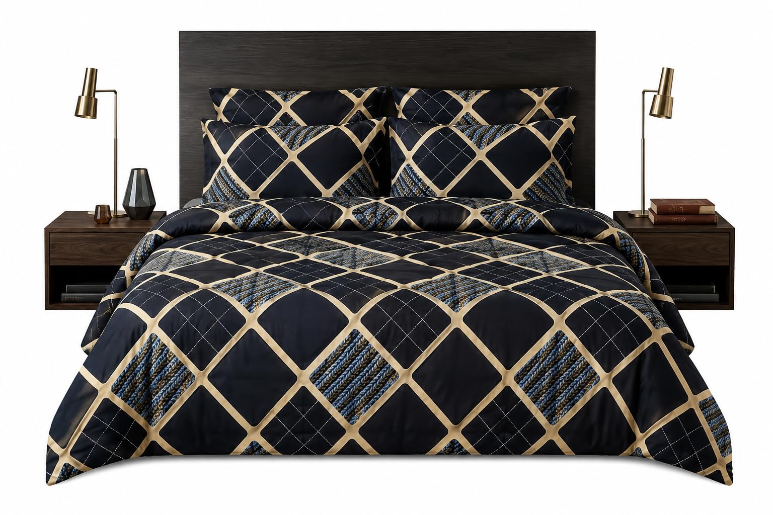 Geometric Diamond Print Comforter Set, Navy Blue and Gold | Includes Pillow Covers, Bold Diamond Pattern, Navy & Gold Tones, Bedroom Bedding Set, Modern Home Decor-image-8
