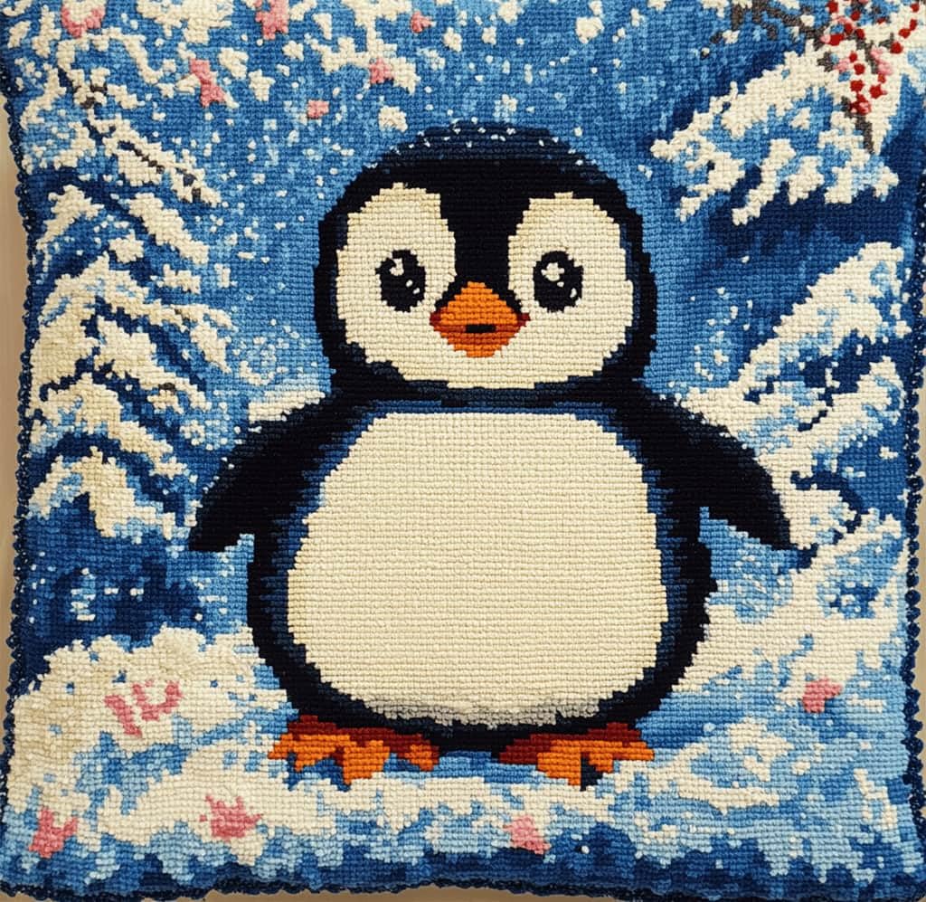Beginner Latch Hook Cushion Kit,Penguin Decor Pillow Cover 43X43Cm
