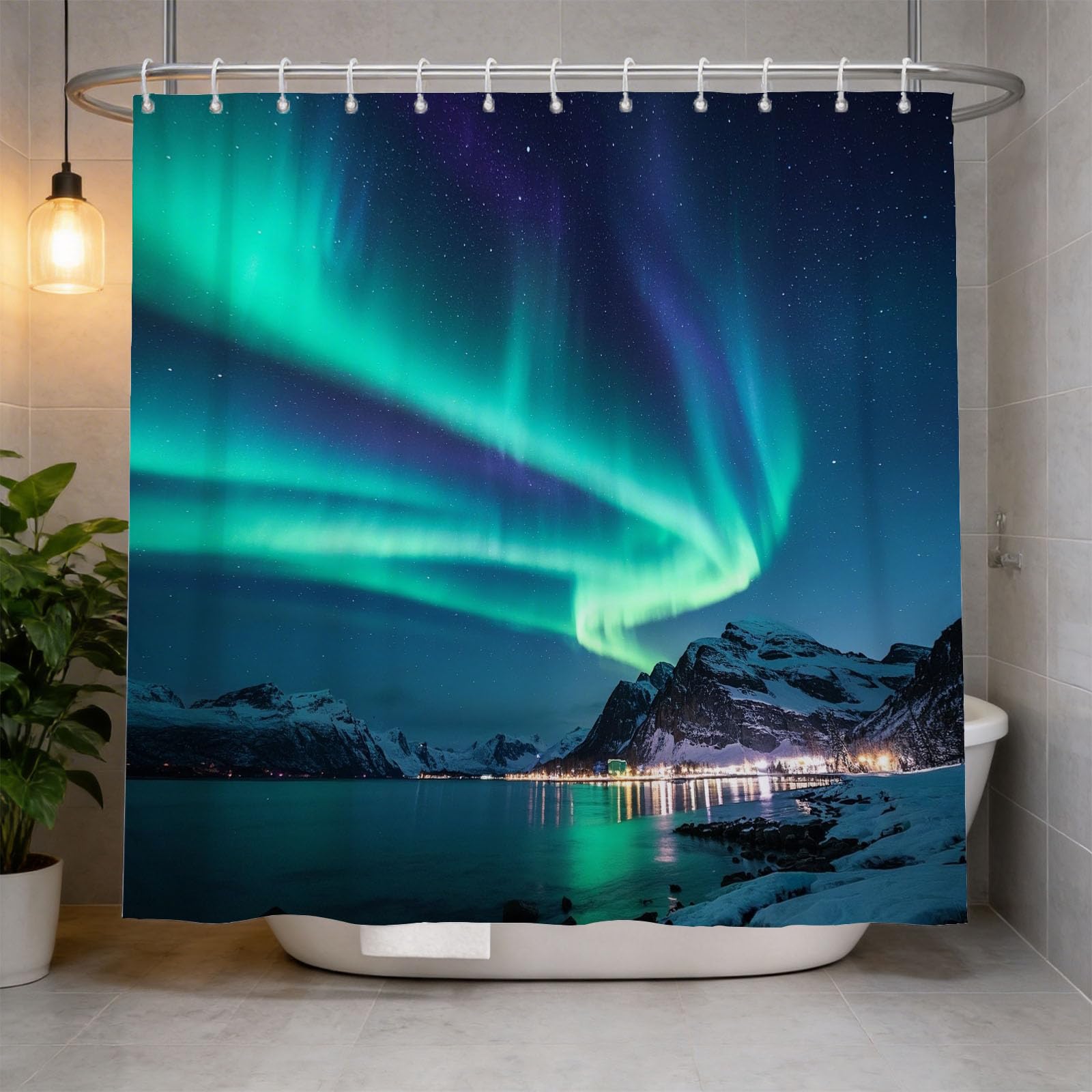 Hongduo 3D Aurora Shower Curtain for Stalls Bathtubs Mountains Bathroom Decor Shower Curtain Set Polyester Fabric Waterproof 200x200cm/79X79 Inch with Hooks