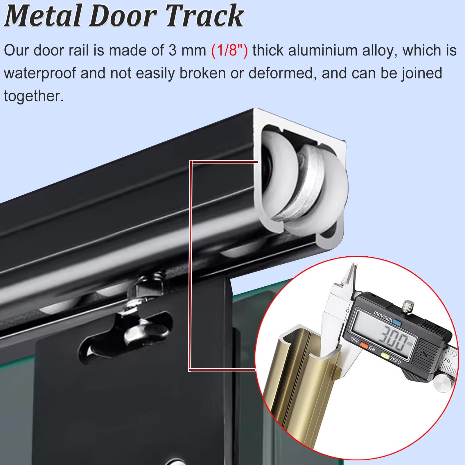 Kit Porta Scorrevole Kit Binario Scorrevole per Porta in Vetro Finitura Argento con 8 Rullini, Ferramenta per Porte a Scomparsa, Set con Binario Singolo in Alluminio per Bagno(1100mm (43.3"))