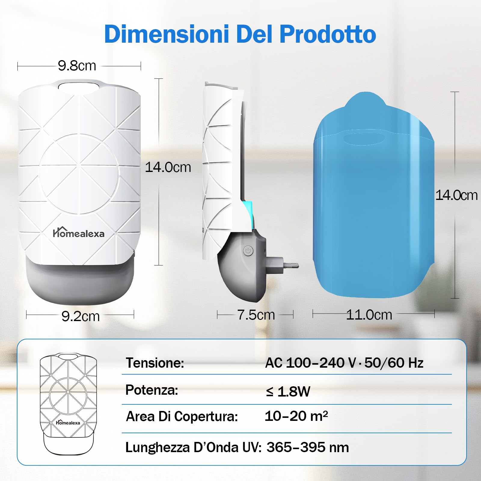 Homealexa Trappola per Moscerini della Frutta LED UV, Trappola Insetti Elettrica contro Moscerini, Mosche e Falene, Spina Rotante 180°, con 6 Ricariche, per Cucina e Casa