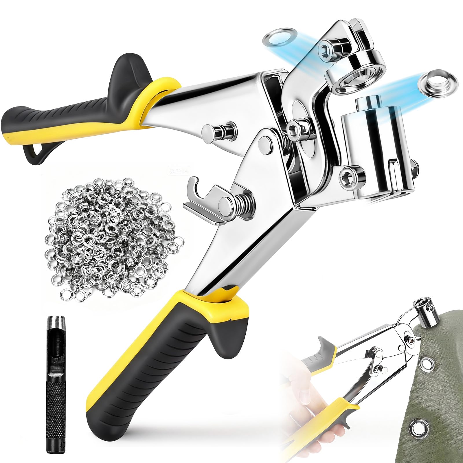 Remachadora para Ojales con 400 Ojetes Metálicos Metálicos (Ø10mm), Alicates de Ojales, para lonas, PVC, Prendas de Vestir y Bolsas(Con 1 Perforadora)