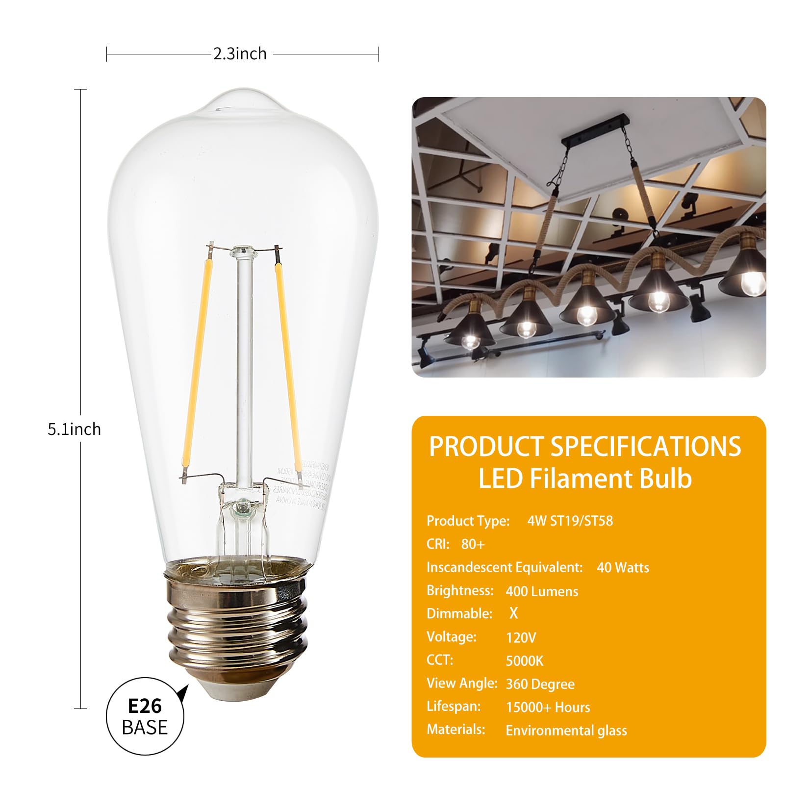 winsaLED 24 Pack LED Edison Bulbs 40 Watts Equivalent, 4 Watt LED Vintage Light Bulb, 5000K Daylight ST19 Light Bulb, 400LM E26 Base for Light Fixtures
