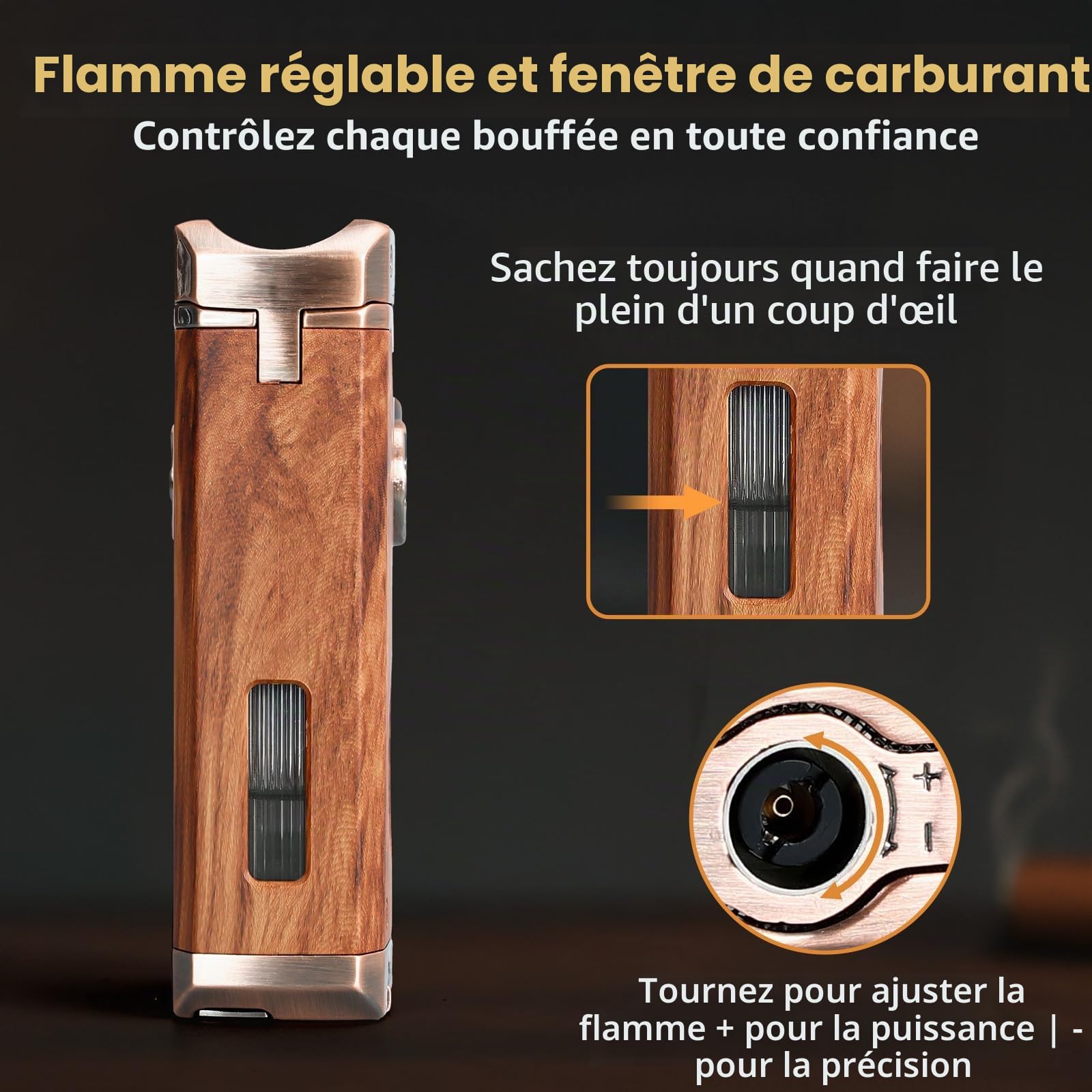 Joyoldelf Briquet torche à quatre flammes – Briquet jet butane rechargeable coupe-vent avec cutter, poinçon et fenêtre de carburant (sans butane) – Cadeau de qualité supérieure pour homme, fumage en