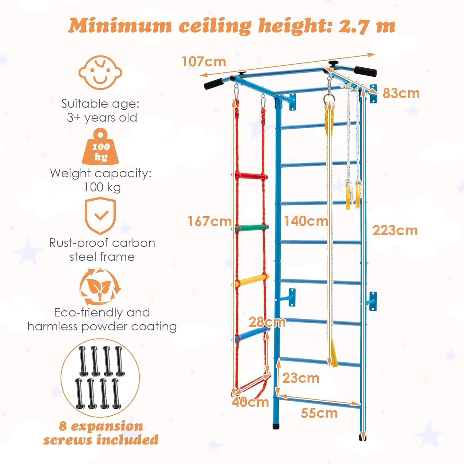 GOPLUS Juego de Escalada Infantil 5 en 1 con Anillas Gimnásticas, Trampolín Sueco y Cuerda, Centro de Actividades Multifuncional de Acero para Niños de 3+ Años, Capacidad de Carga 100KG