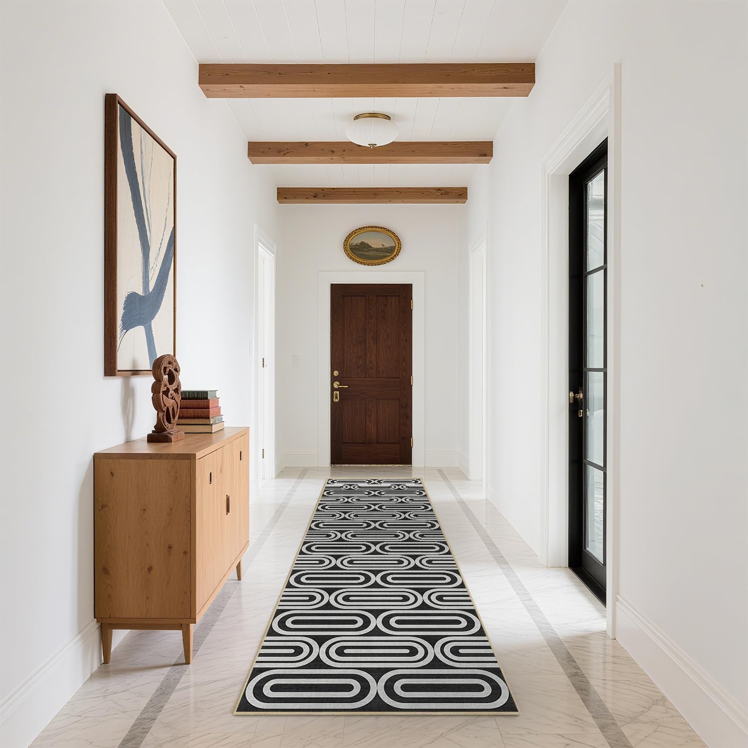 Runner Rug 2x6 Geometric Washable Non-Slip Low Pile Hallway Runner Abstract Neutral Rug Black White Carpet Mat for Kitchen Bathroom Bedroom Laundry Room Living Room