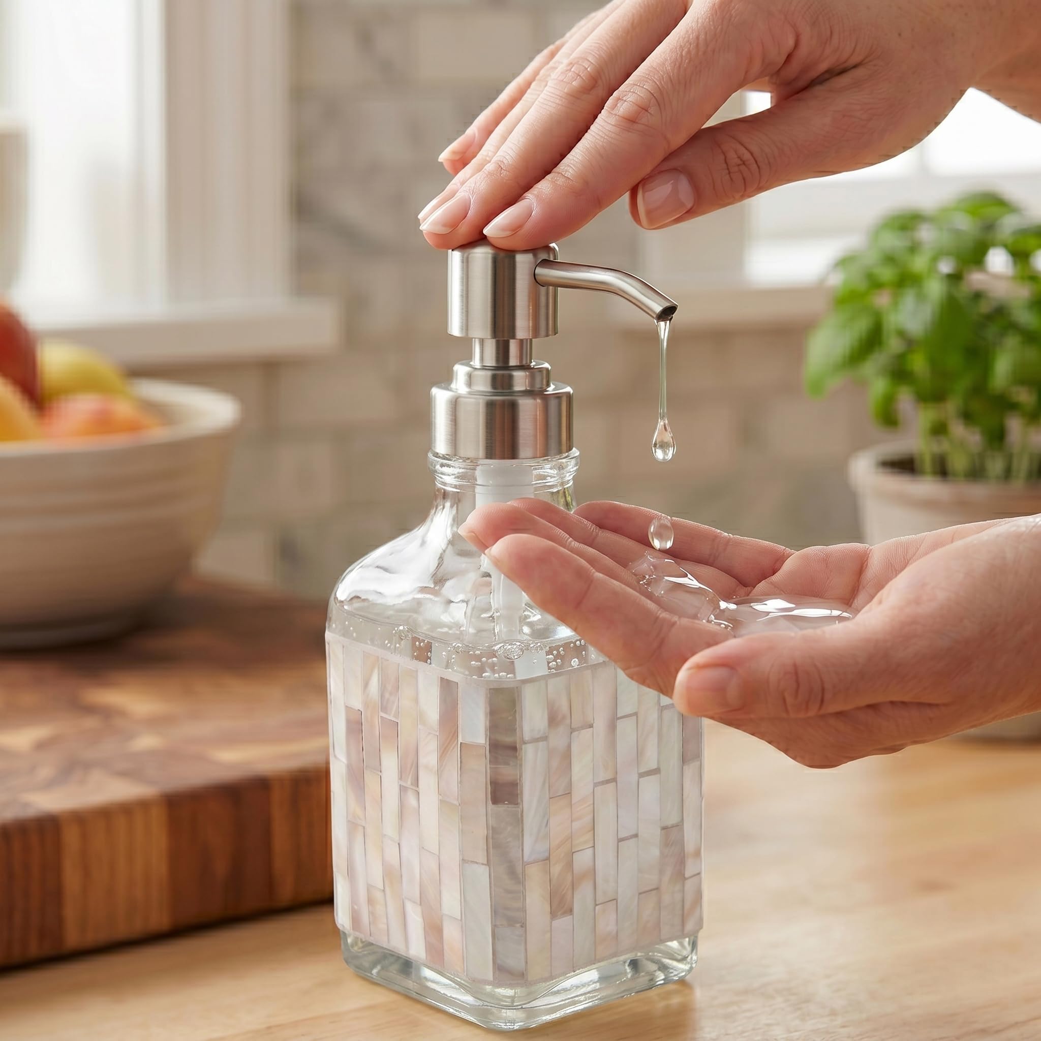 BOPPIE Dispenser di sapone artigianale in vetro mosaico, moderno dispenser di sapone per mani e piatti, per bagno/cucina, bottiglia di sapone liquido ricaricabile con pompa antiruggine in acciaio