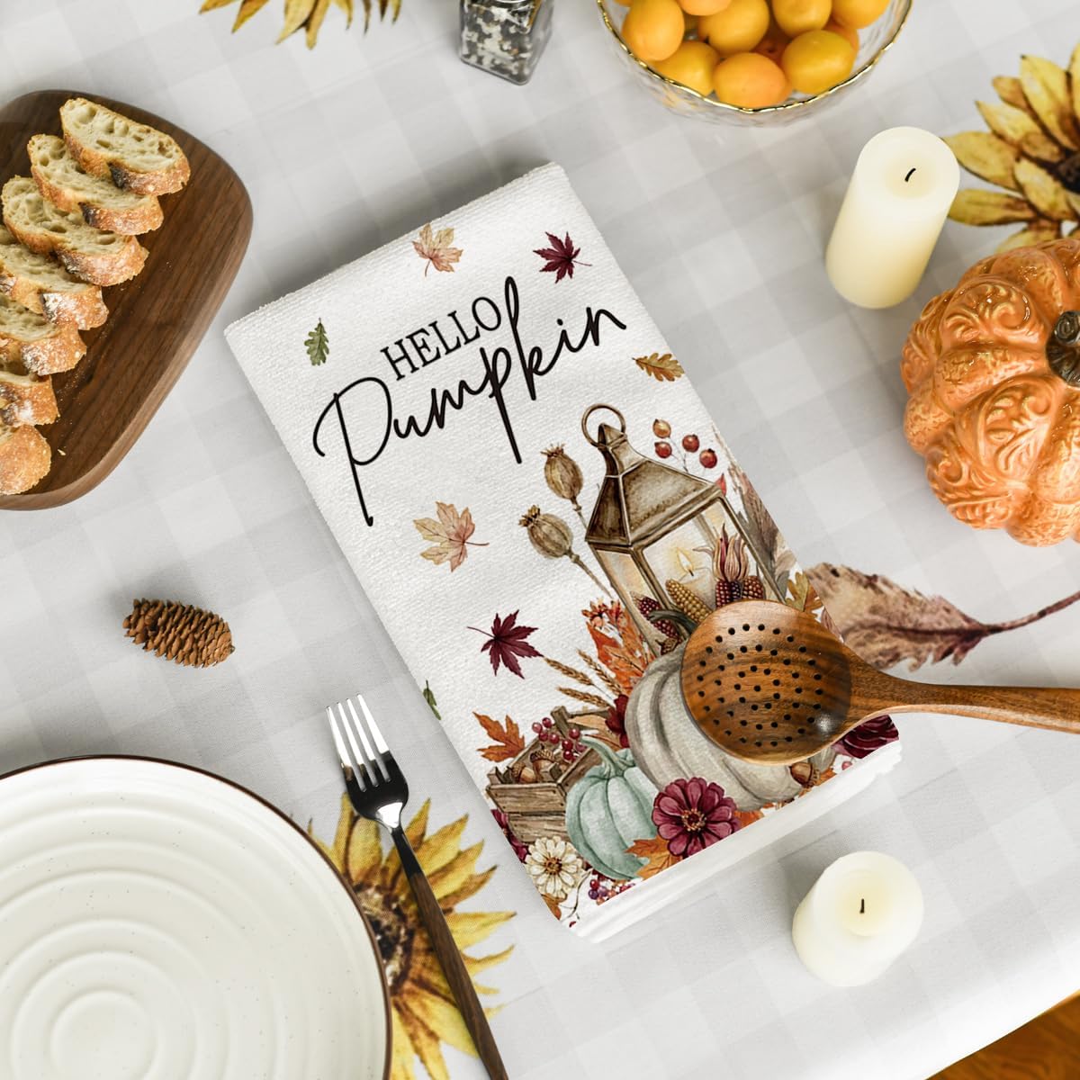 Artoid Mode Hello Pumpkin Floral Fall Kitchen Towels Set of 2 18x26 Inch