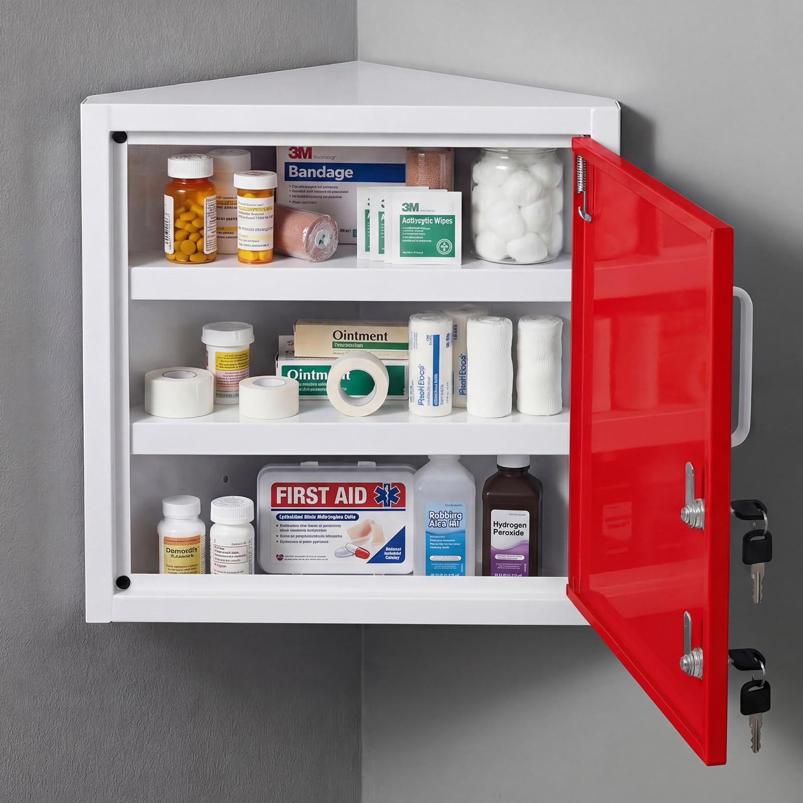 Zonon Corner Wall Cabinet with Lock, Red, 7.5 x 16.7 x 15.3 Inch, Corner | Medicine Storage, Dual Keys and Document Holder, Metal Lockable for Bathroom Office Corner, Secure Organizer for Supplies