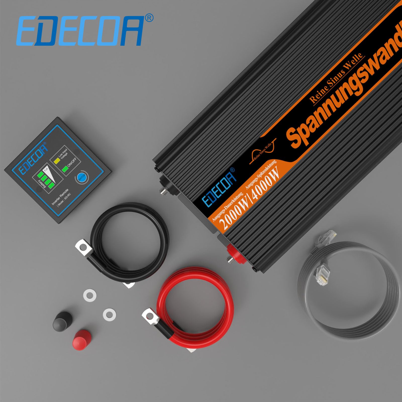 EDECOA Wechselrichter 24v 230v 2000w Reiner Sinus Spannungswandler mit ECO-Modus LCD-Bildschirm 2X USB und Fernbedienung Spannungswandler 2000w und kurzfristige Spitze 4000w Power Inverter