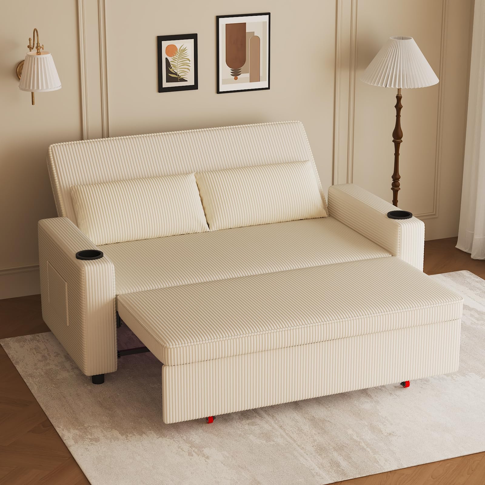 JUMMICO Sofá Cama Convertible, Loveseat de 2 Plazas con Descansaespaldas Ajustable, Sofá Pequeño Retráctil de Tela de Corduroy Moderna, para Sala de Estar y Dormitorio, Color Beige