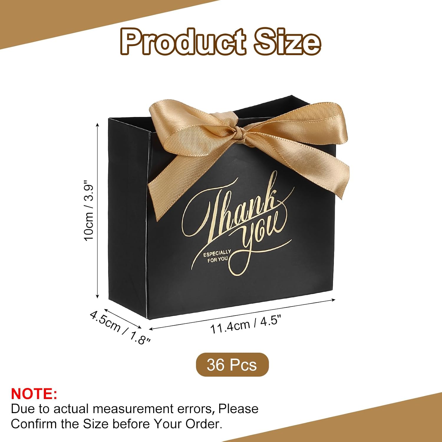 uxcell 36Pcs Thank You Gift Bags with Champagne Color Ribbons Party Favor Bags 4"x2"x4" Gift Bags for Graduation Business Shopping Wedding Party Favors, Black