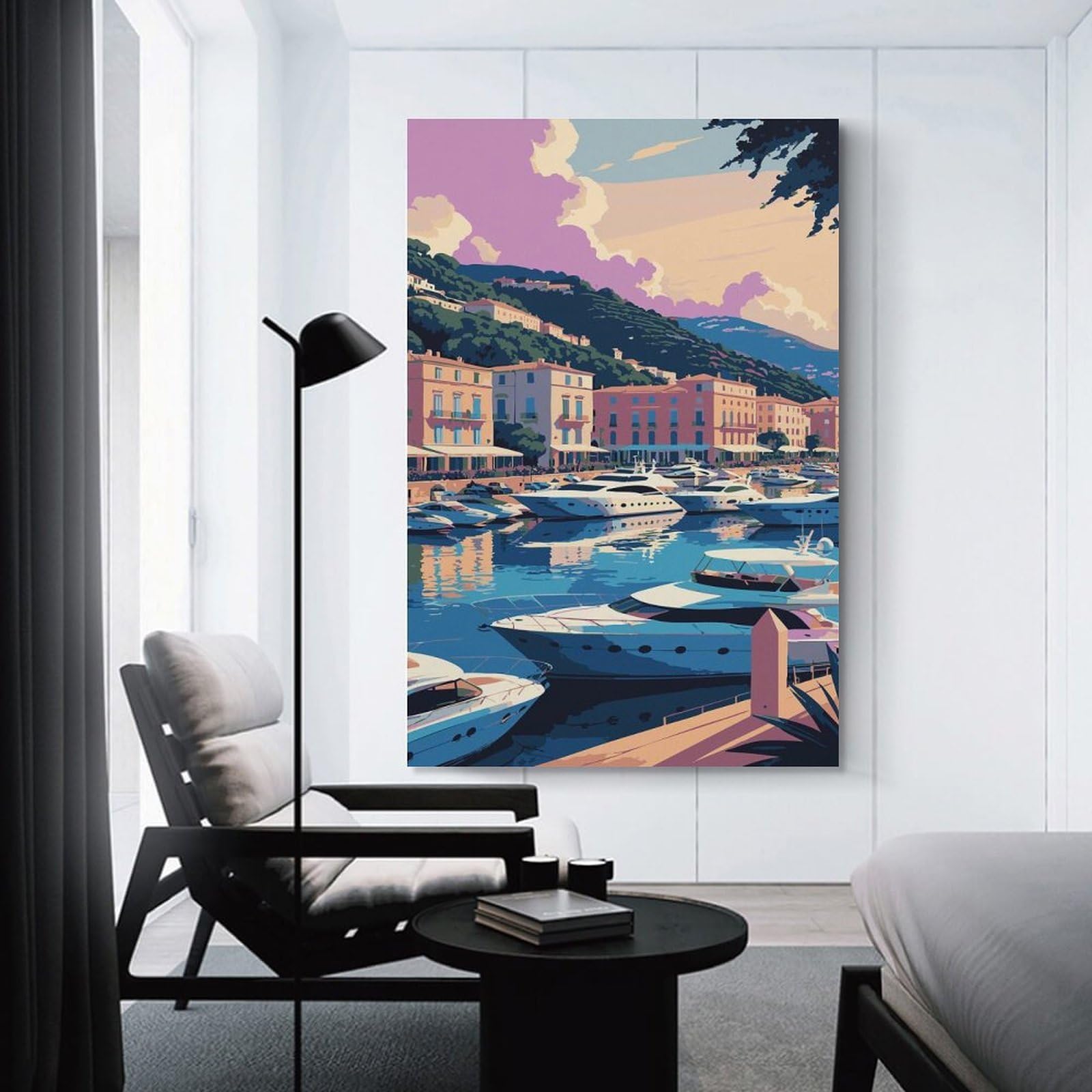 Junmoney Canvas Wall Decor Coastal Cityscape with Yachts And Buildings, 16x24inch(40x60cm), for Gallery Wall Decor And Room Displays, An Easy Match for Collected Prints