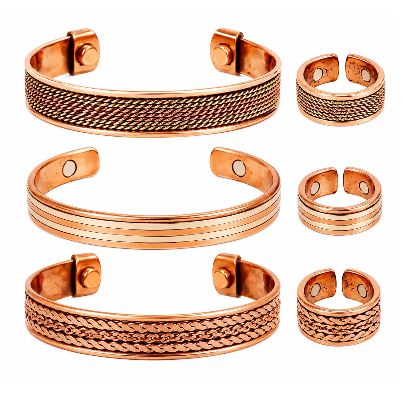 Touchstone en cuivre magnétique forgé à la main avec du fil de fer en spirale tressé Minimaliste 3 bracelets et une bague identique en deux tons pour tous.