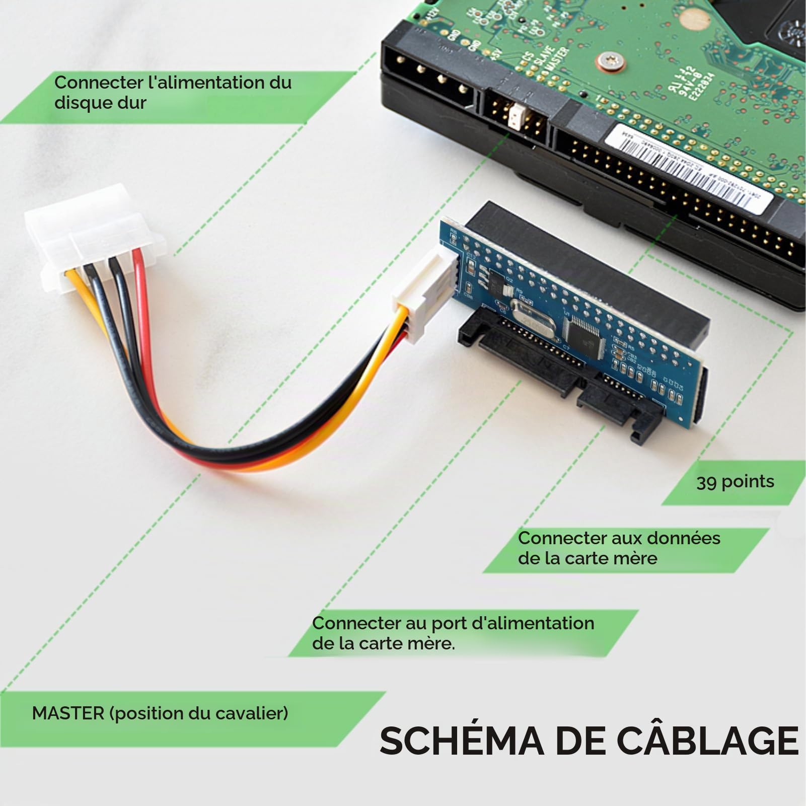 Adaptateur IDE/PATA vers SATA, Carte Convertisseur 40 Broches | pour Disque Dur 3,5" et PC de Bureau, PCBA pour HDD