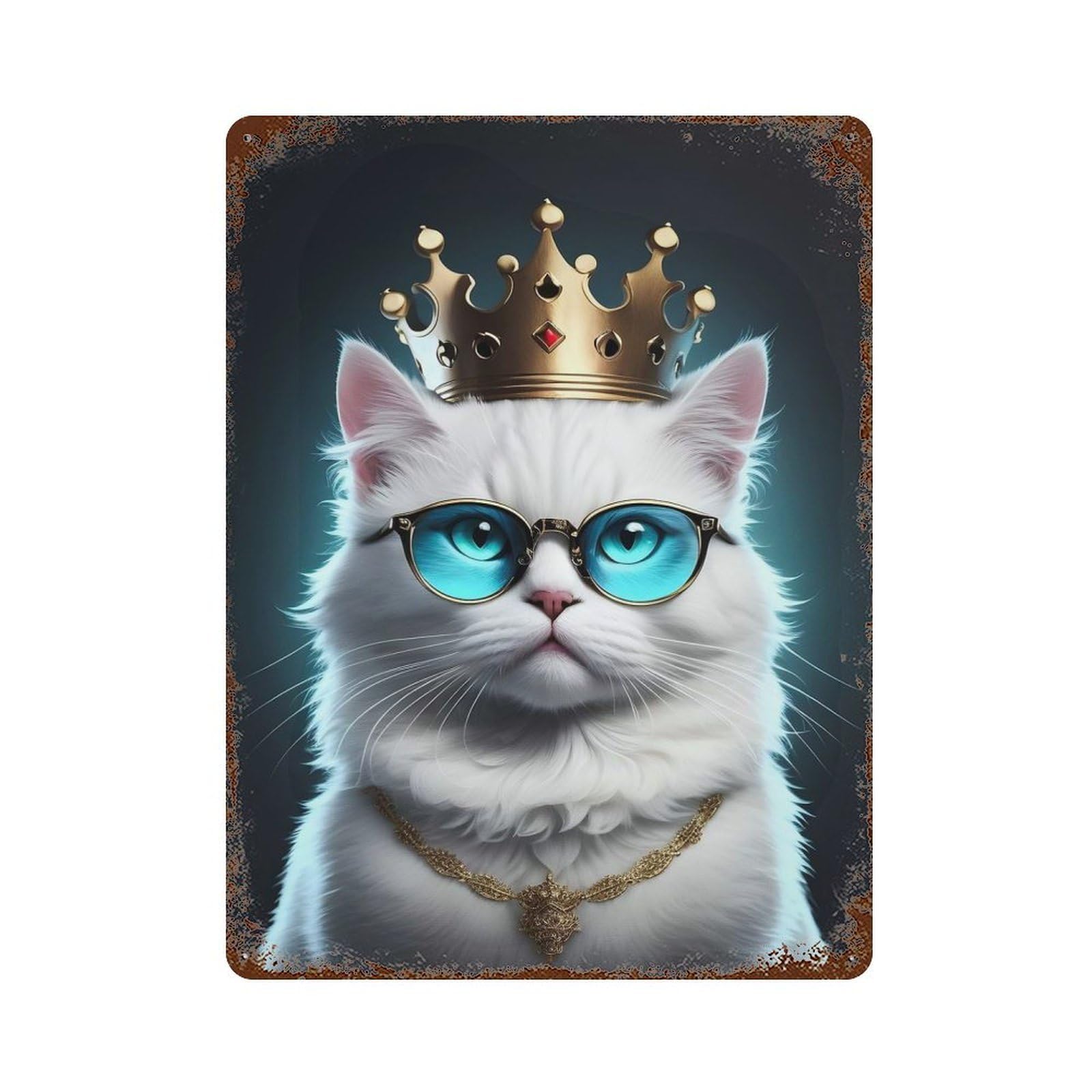 Cute Queen White Cat Rust Effect Tin Sign 15.7"x11.8", Novelty Wall Decor for Garage, Pub Or Kitchen