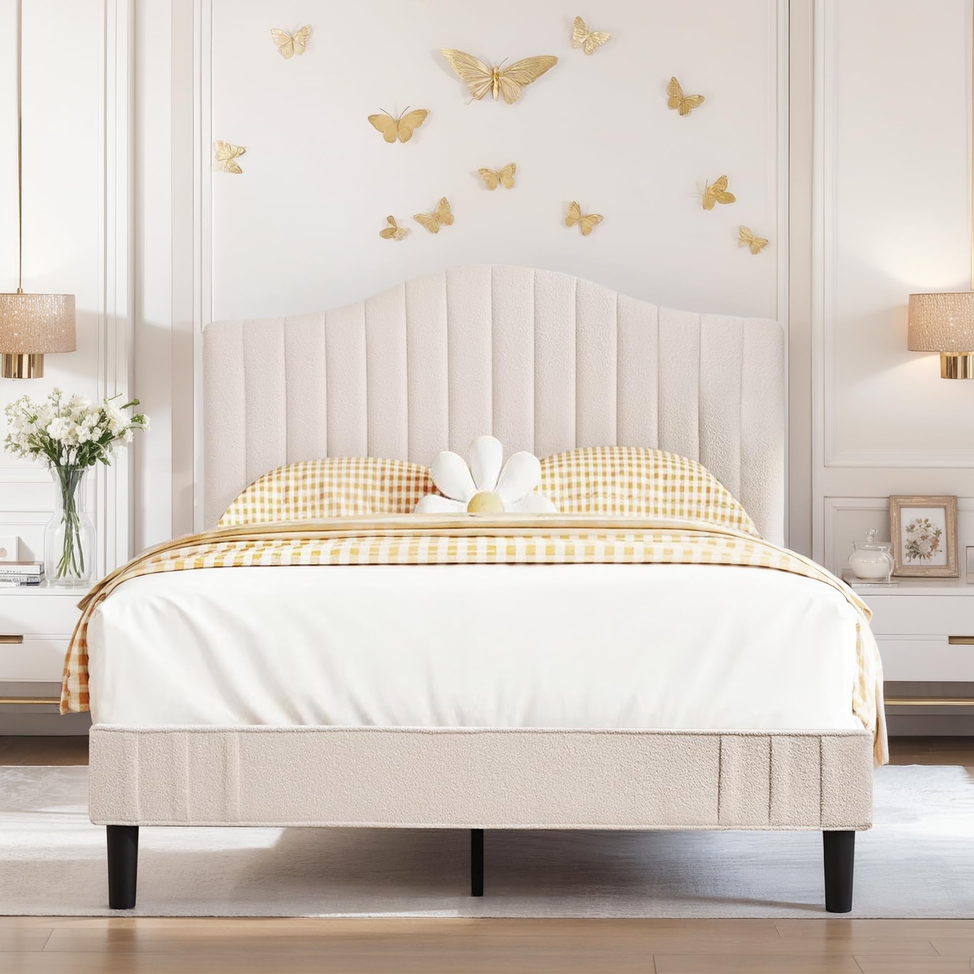 VECELO Doppio imbottito, 140 x 190 cm, supporto a doghe in legno solido, tessuto Teddy, facile da montare, senza rumore, non necessita di rete, beige