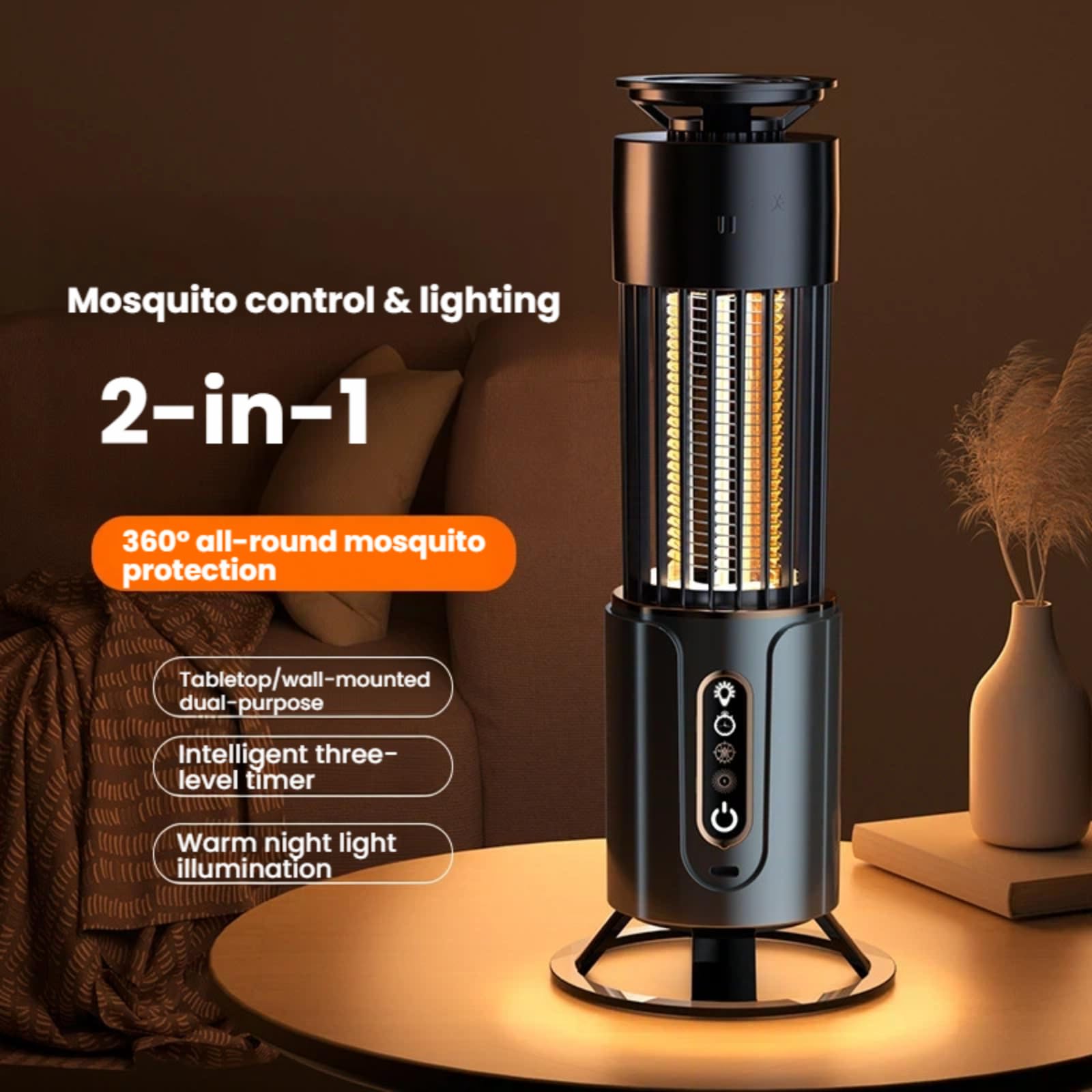 Lampada antizanzare elettrica, lampada UV con luce notturna calda, timer intelligente, protezione dagli insetti per casa, camera da letto, patio, interni ed esterni