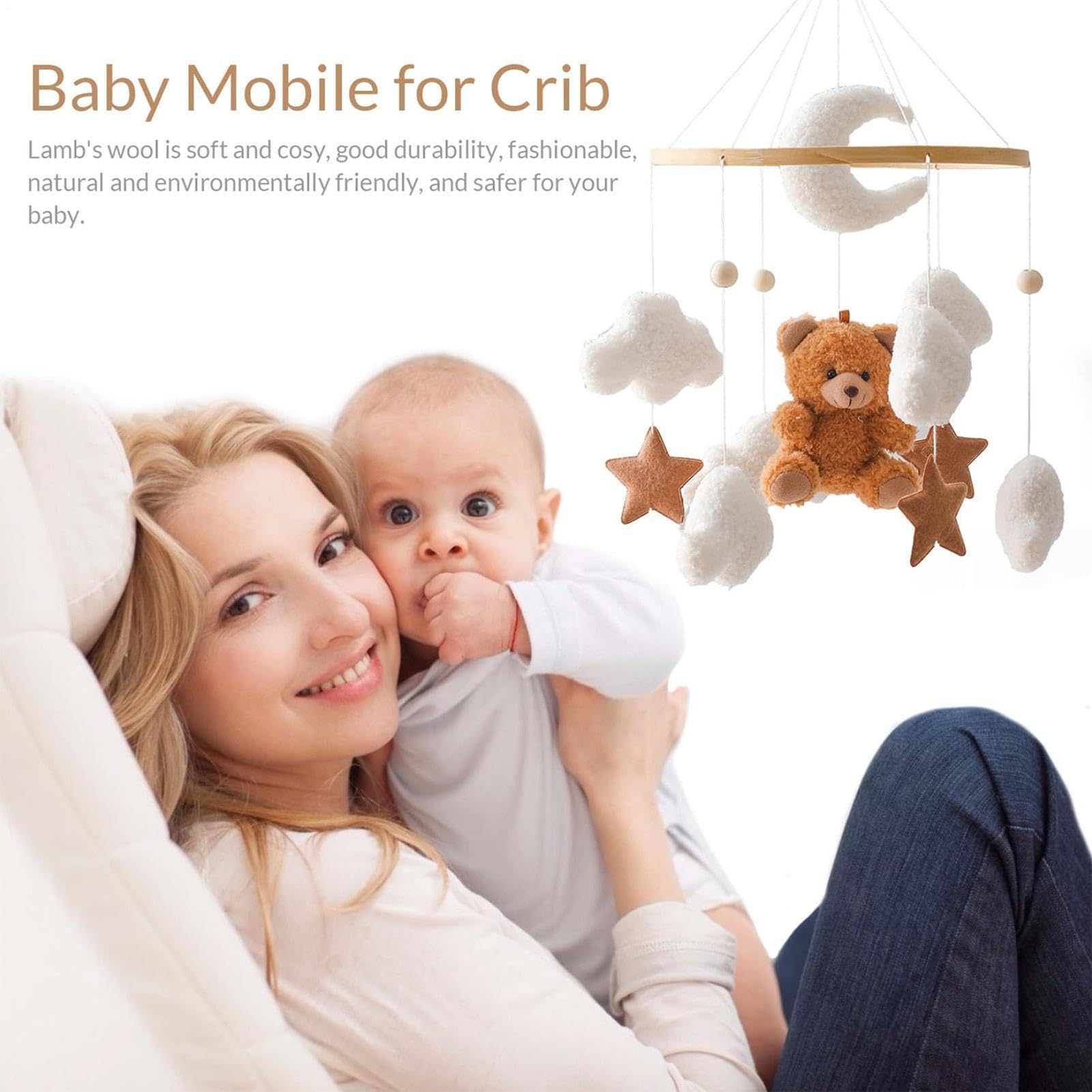 Crib Mobile - 360 gradi Rotating Plush | Hanging Nursery Decor | 17,7 x 9 Inch Wooden & Velvet Design, Peluche Brown Bear with Clouds, Stars & Chimes, Visual Soother for Nursery & Room