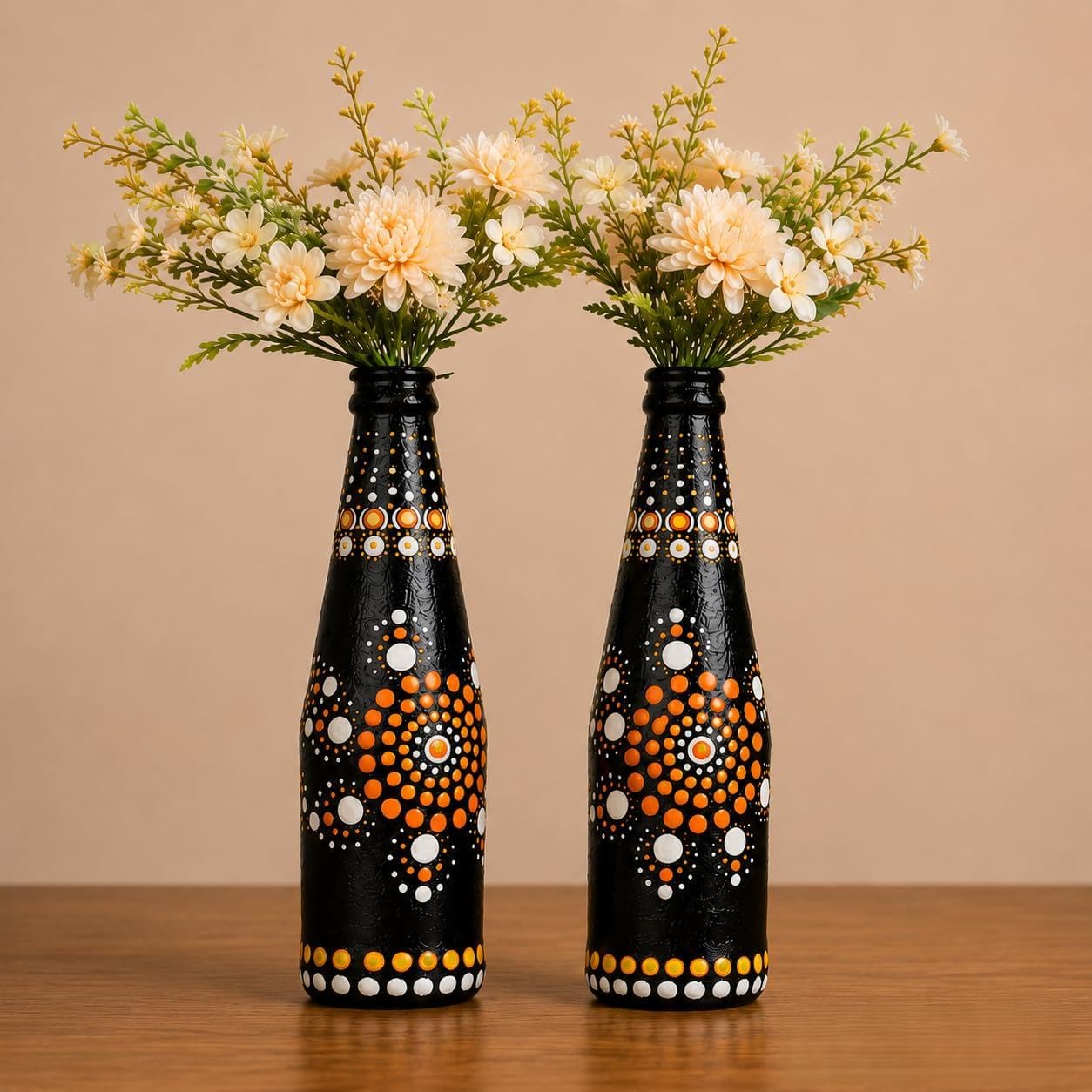 Hand Painted Decorative Glass Bottle | Mandala Dot Art Bottle | Home Decor Showpiece | Recycled Bottle Art for Living Room, Table, Cafe, Office | Black & Orange Design (Pack of 2)-picture-23