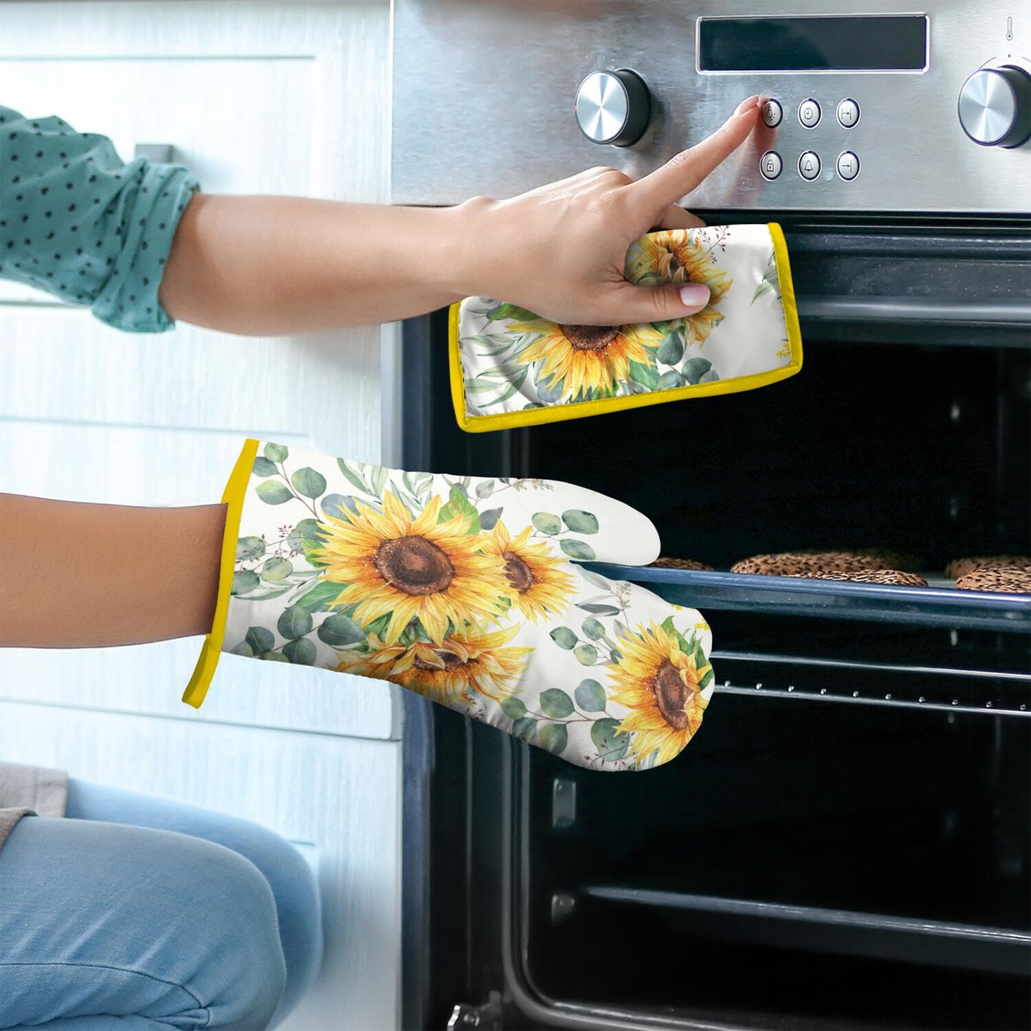 Juego de 4 manoplas de horno y soportes para ollas, decoración de cocina de girasol de granja, extra gruesos, resistentes al calor, guantes de horno y almohadillas calientes para hornear, cocinar y