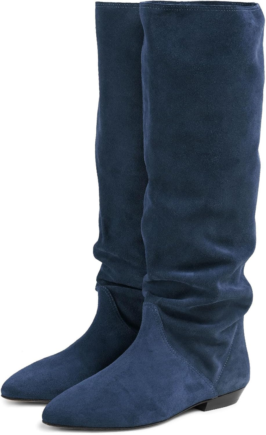 Women's Fashion Slouch Flat Knee High Boots Suede Ruched Pointed Closed Toe Pull On Fall Winter Dressy Flat Tall Boots for Women