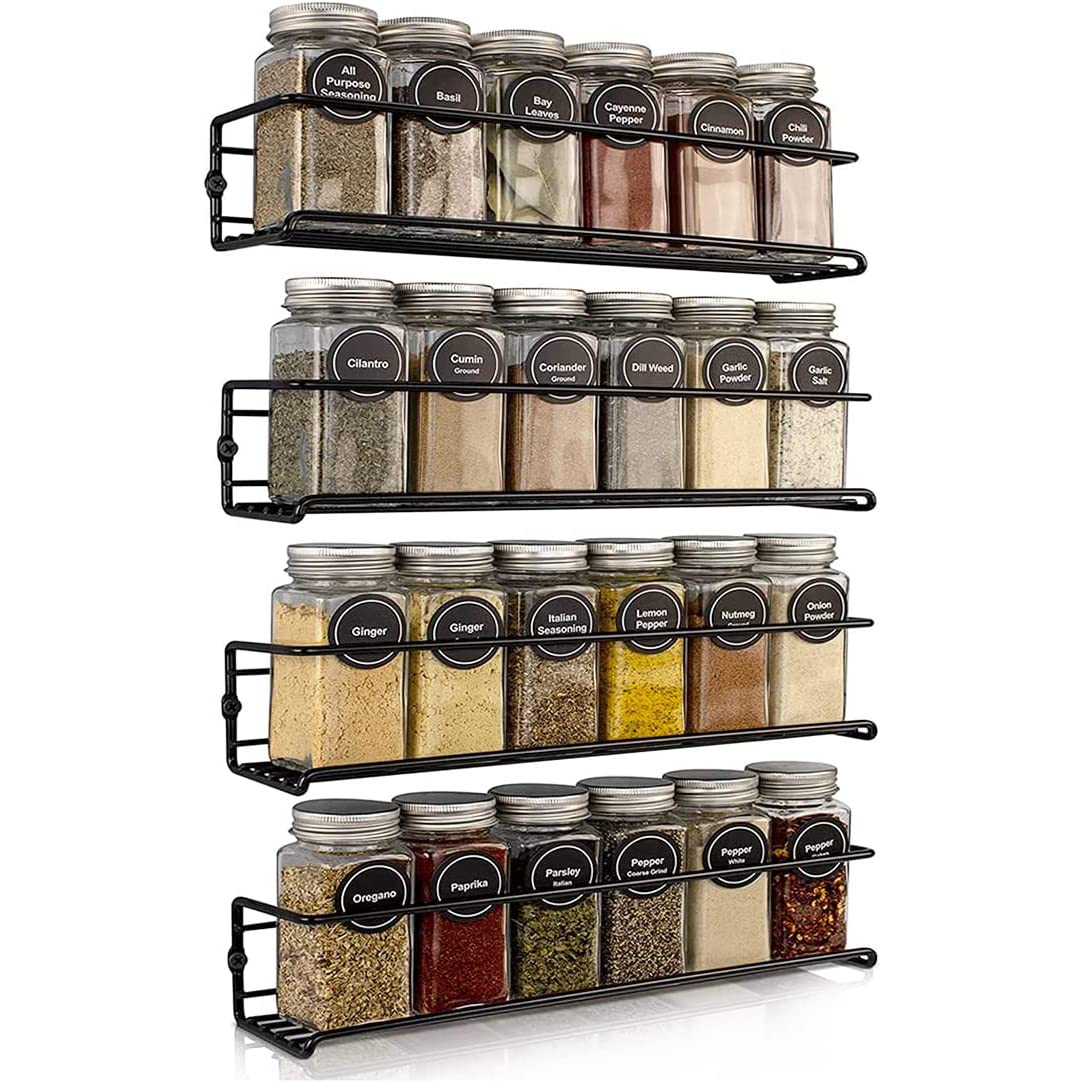 Arabest Spice Rack Wall Mount, 4pcs Space Saving Hanging Spice Racks Spice Organizers, Seasoning Organizer Storage Rack Hanging Shelf Set for Kitchen, Pantry Door(Black)