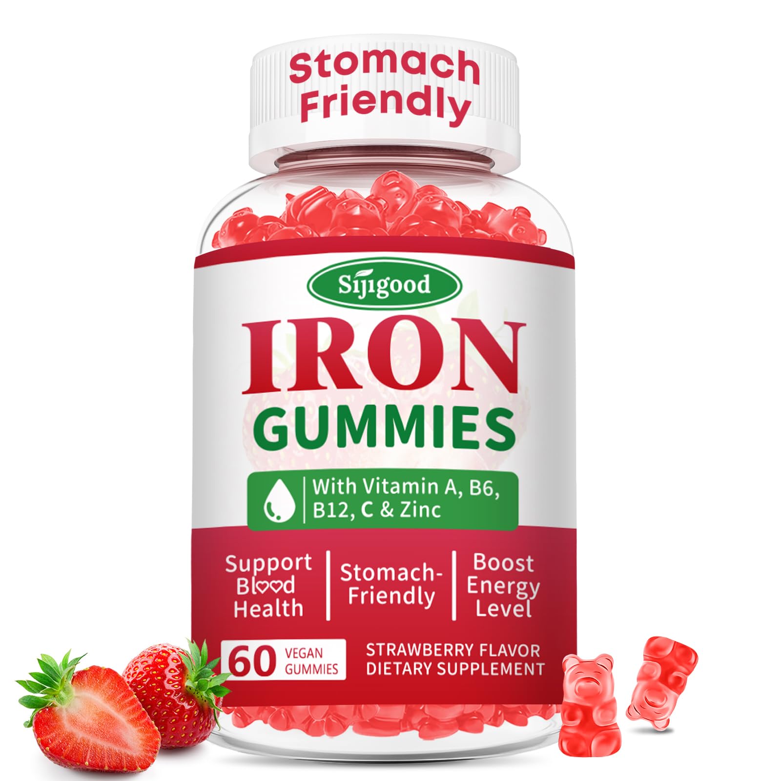 Sugar Free Iron Gummies for Women & Men, Iron Supplement, Vegan Strawberry 60 Count (Pack of 1)