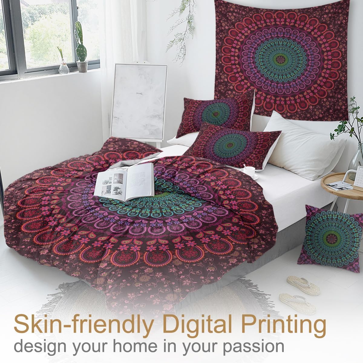 Sleepwish 4pcs Red Green Bohemian Duvet Cover Set Cal King Size for Kids Teens Mandala Bedding Set Soft Romantic Boho Chic