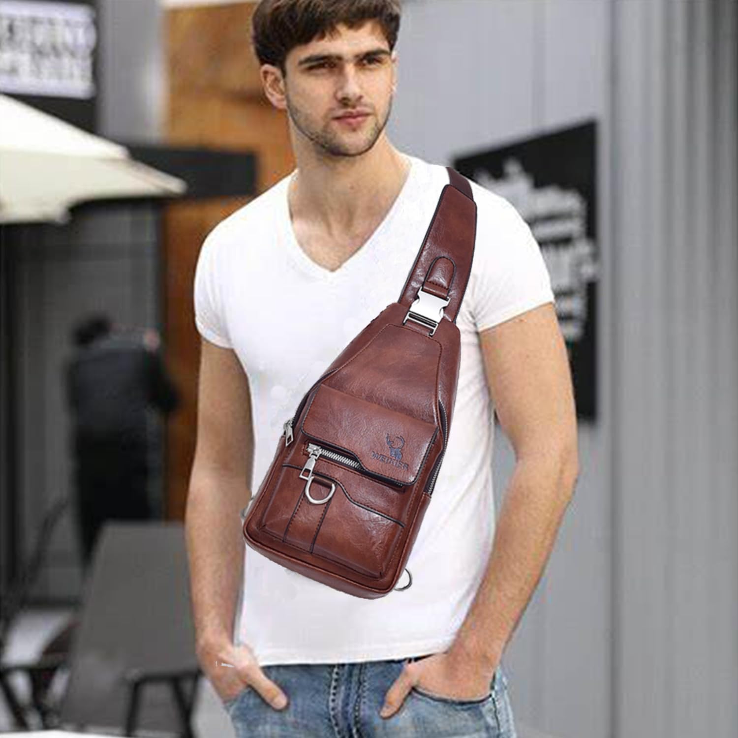 Bandoleras Hombre Cuero Bolso de Bombro Pequeña Bolsa Pecho Retro Sling Bag Mariconera Cruzada Bolso de Negocios Mano Bolsas de Trabajo Teléfono Cartera Monedero (Marrón bolso de mano para hombres)