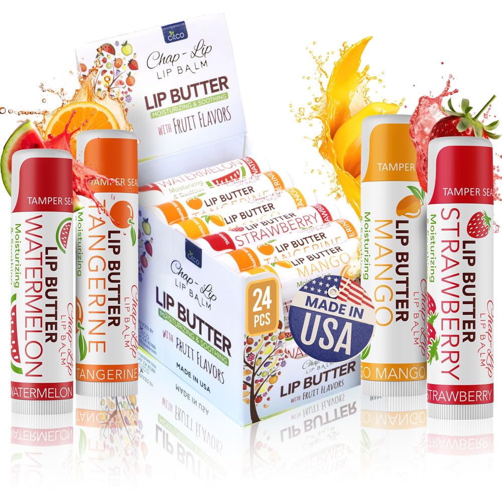 Chap-LipOriginal Lip Balm Hydrating Bulk Chap Stick with Fruit Flavors, Coconut Oil, and Cocoa Butter - Christmas Gift Stocking Stuffers Lip Therapy Pack for Men and Women - Made in the USA, 24 Pack